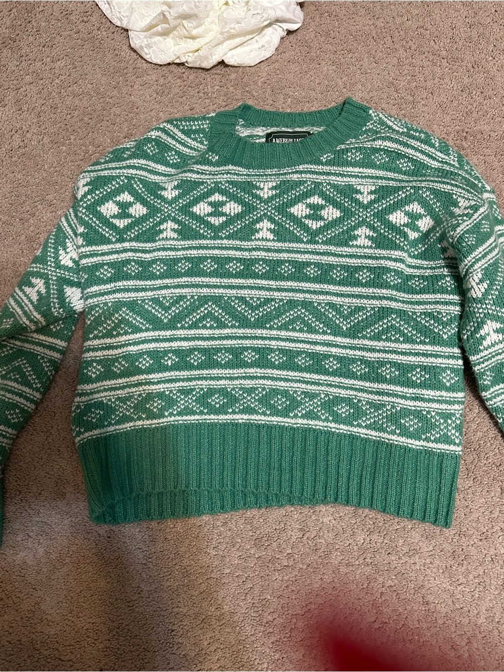 American Eagle Outfitters Green & White Fair Isle Crew Sweater